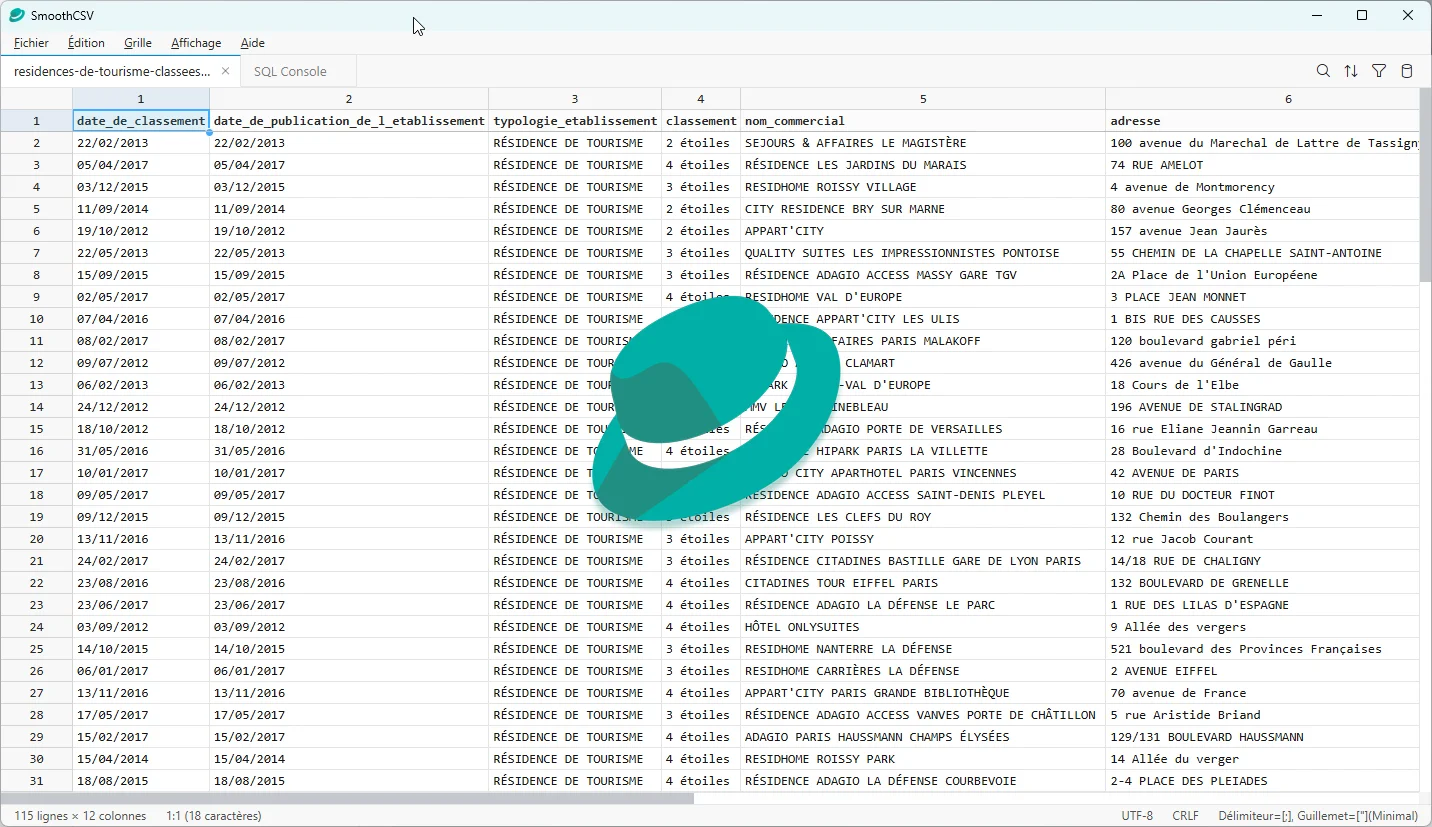 Interface de SmoothCSV avec un fichier CSV ouvert